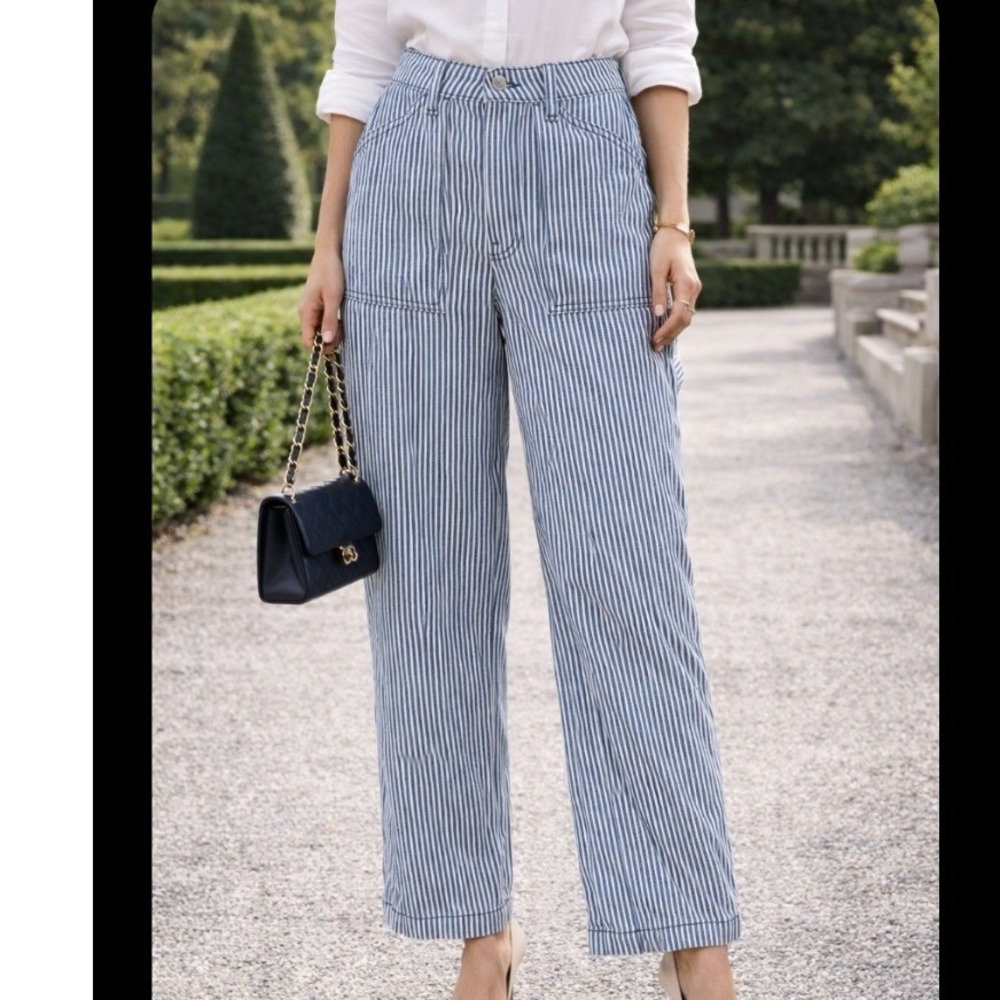 H&M Divided Hickory Stripe Carpenter Pants Blue White High Waisted Wide Leg US 0